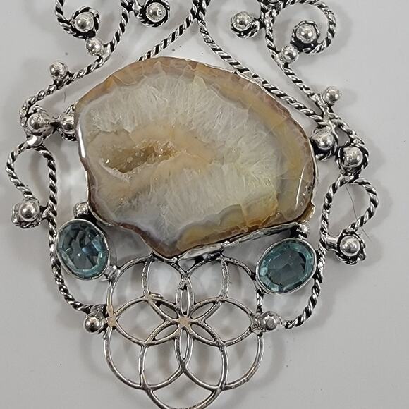 Druzy Agate Pendant – With Blue Topaz Accents + 20" Silver Snake Chain - Picture 3 of 10